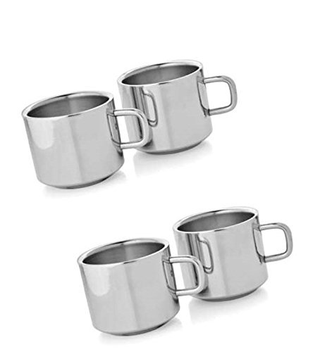 Ashok Stainless Steel Set of 4 Double Wall Tea Cups 120 ml