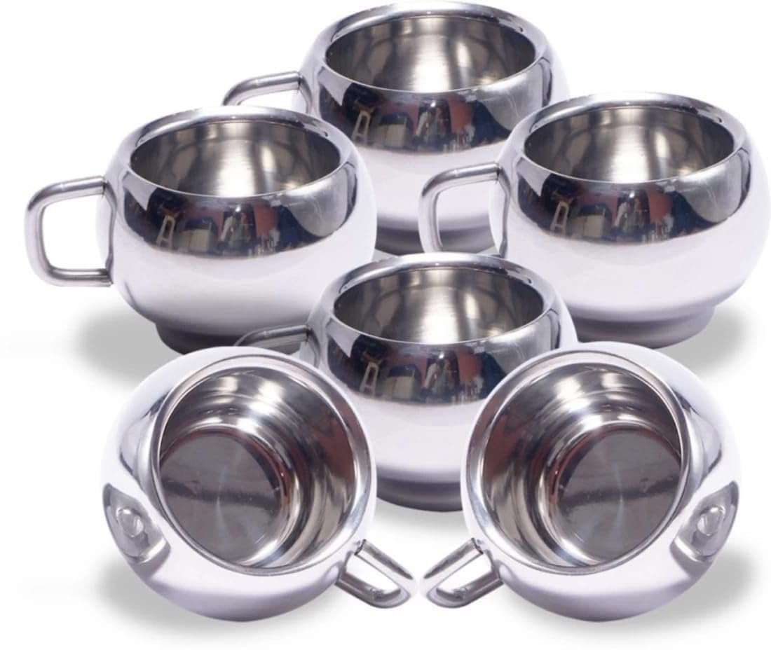 Ashok Stainless Steel Double Wall Matka Design Teacoffee Cup Set of 6pcs | Matkashaped | Matkapot | 100ml Each | Useful for Greentea Blacktea Lemontea